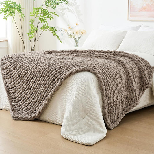 Bigacogo Chunky Knit Throw Blanket for Couch, 80x90 inches, 100% Hand Knitted with Thick Jumbo Chenille Yarn, Cozy Soft Large Rope Knot Cable Crochet Blankets for Sofa Bed Living Room, Taupe