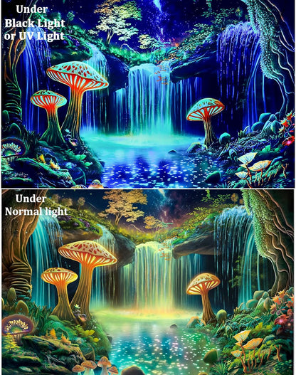 Ameyahud Blacklight Fantasy Forest Tapestry UV Reactive Waterfall Tapestries Starry Sky Tapestry Neon Nature Plant Wall Hanging Decor for Home