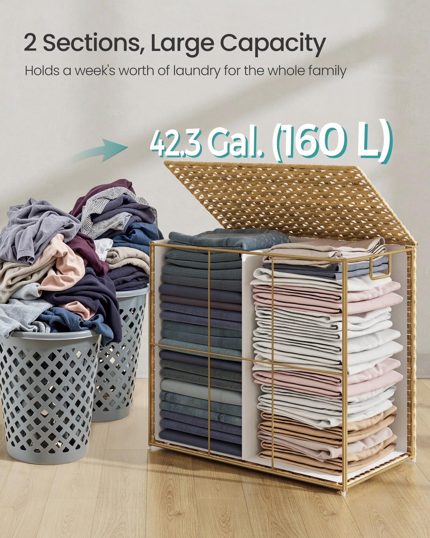 SONGMICS Laundry Hamper with Lid, 42.3 Gallon (160 L) Synthetic Rattan Clothes Laundry Basket with
