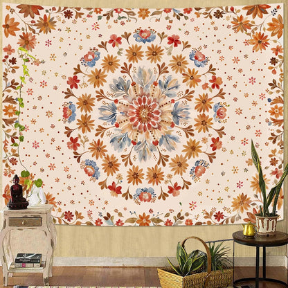 Fowocu Boho Floral Mandala Tapestry Wall Hanging Watercolor Bohemian Flower Medallion Tapestry Aesthetic Beige Orange Hippie Indian Large Tapestries for Bedroom Living Room Dorm Decor 80 x 60 Inch
