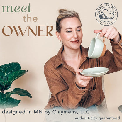 Mora Ceramic Latte Art Mug With Saucer - 10.5 oz, Round Bottom For Perfect Pours - Cafe Cups for Cappuccino, Espresso, Coffee, Tea etc - Porcelain Set for Baristas, Great Gift - Light Matcha