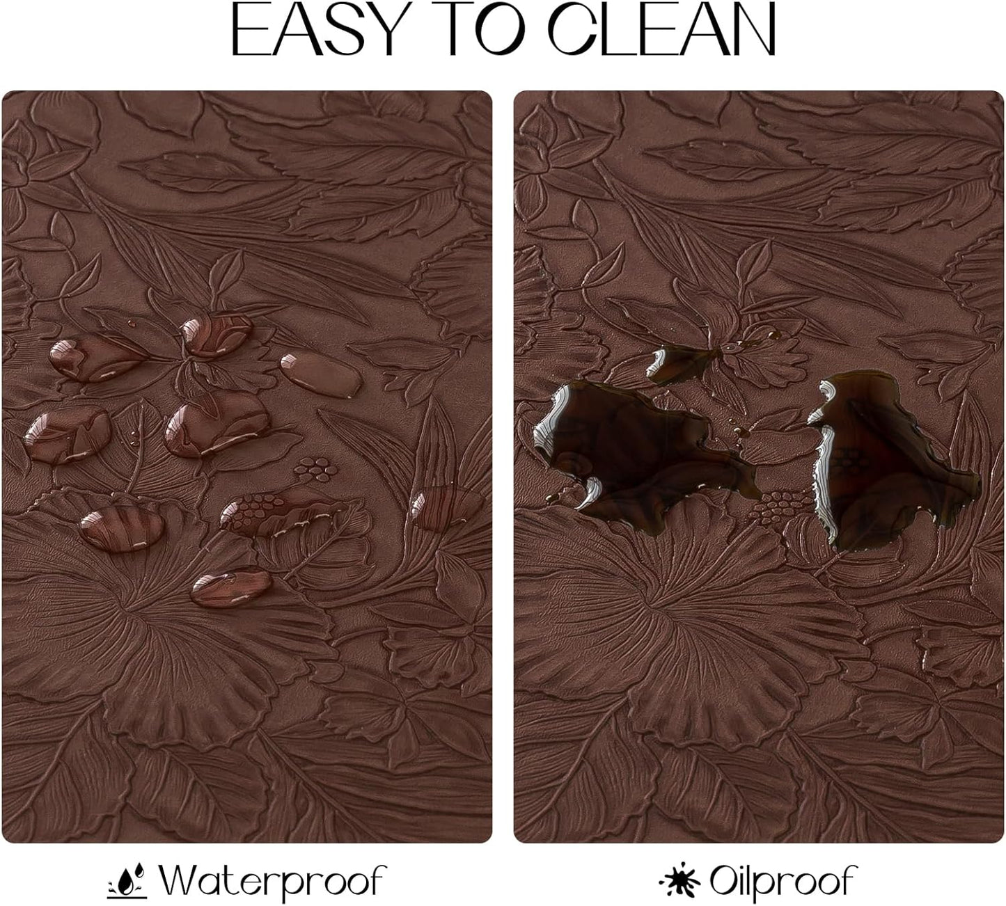 Romanstile Vinyl Placemats Set of 8-12 X 18 Inch - Heat Resistant Non-Slip Embossed Floral Place Mats 100% Waterproof Oilproof Wipeable Faux Leather Table Mats for Kitchen/Dining/Party, Brown