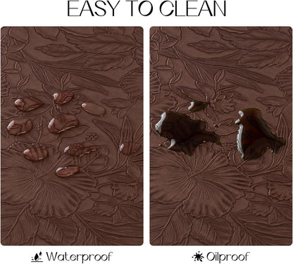 Romanstile Vinyl Placemats Set of 8-12 X 18 Inch - Heat Resistant Non-Slip Embossed Floral Place Mats 100% Waterproof Oilproof Wipeable Faux Leather Table Mats for Kitchen/Dining/Party, Brown