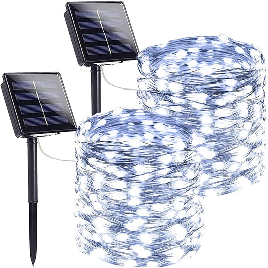 SANJICHA Extra-Long Solar String Lights Outdoor, 2-Pack Solar Powered Fairy Lights Waterproof, Silver Wire 8 Modes Solar Twinkle Light for Tree Garden Party Xmas Wedding Decor(Cool White)