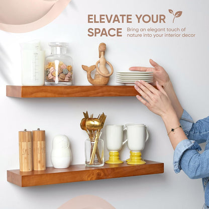 Homeforia 24inch Oak Floating Shelf for Wall, High End Solid Real Wood 24 inches Long Floating Shelves for Bathroom, Honey Oak Wooden Floating Shelves, Heavy Duty Bracket, 24 X 6.5 X 1.75 in, Set of 4