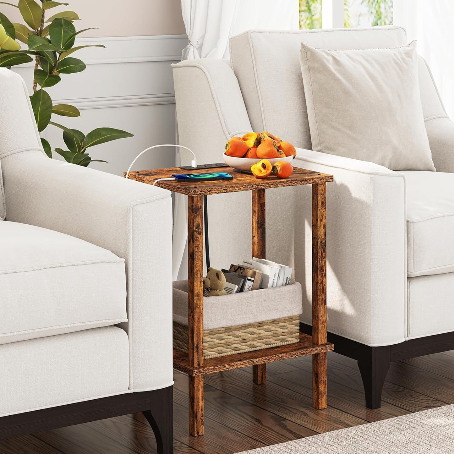 TUTOTAK End Table with Charging Station, Set of 2, Small Side Table with Outlets, Nightstand Bedside Table, 2-Tier Storage Shelf for Small Space, Living Room, Bedroom Brown TB01BB041C