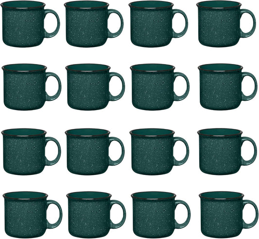 Set of 16 Ceramic Campfire Mugs – 15 Oz, Green – Coffee & Tea Cups for Home, Work, Travel, Camping
