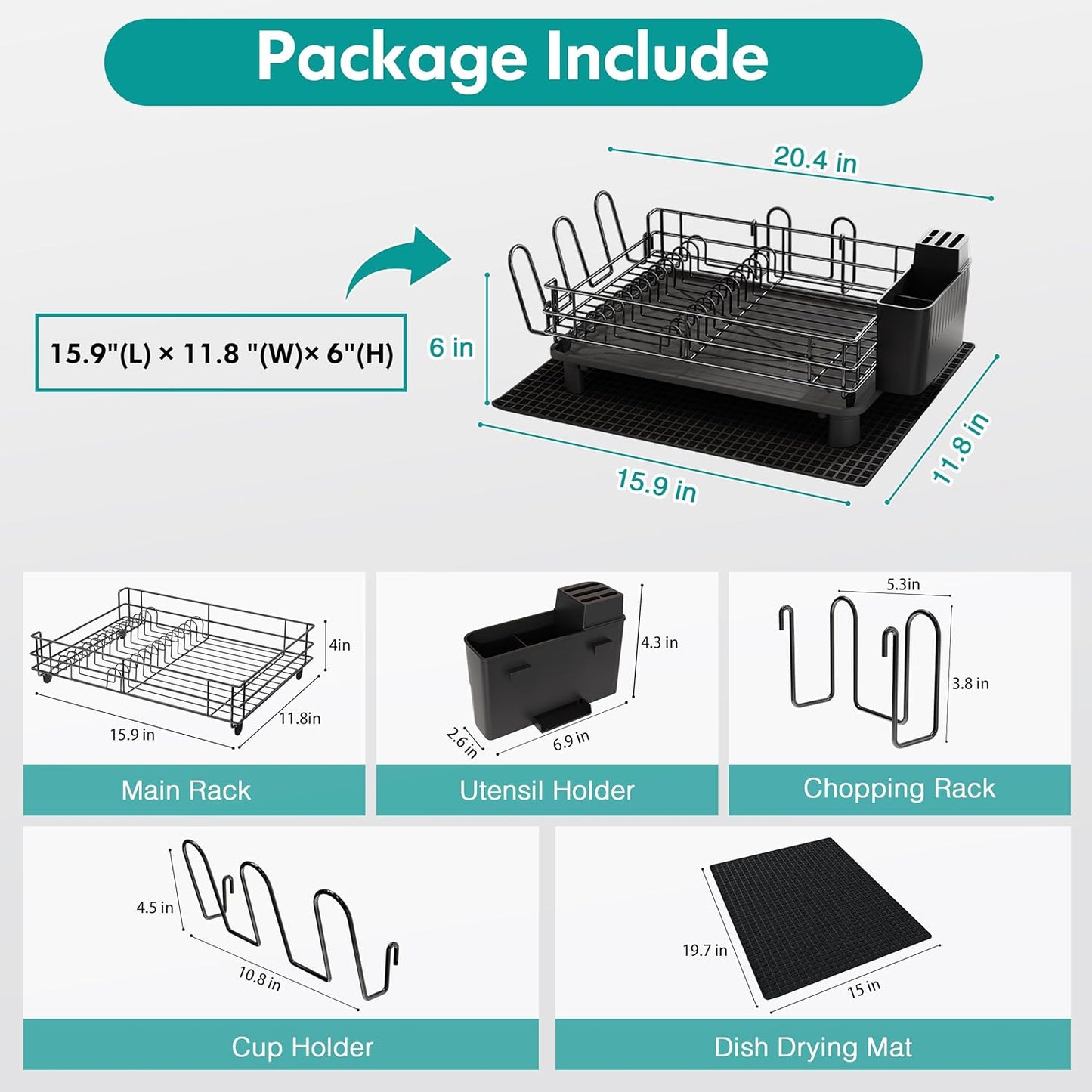 Black Stainless Steel Dish Drainers Drying Rack for Kitchen Counter with Drainboard Set, Rust Proof Metal, Space Saving, Modern Aesthetic, Compact Plates Strainers with Extra Mat