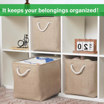 Bidtakay Fabric Storage Baskets for Shelves 3 Pack Large Storage Bins for Organizing Linen Collapsible Organizer for Closet-Flaxen