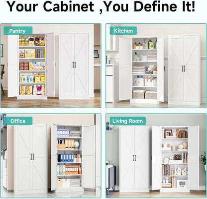 SISESOL Metal Storage Cabinet with 2 Doors and 5 Shelves,61 inch White Pantry Storage Cabinet,Large Farmhouse Pantry Cupboard for Home,Kitchen,Dining/Living Room