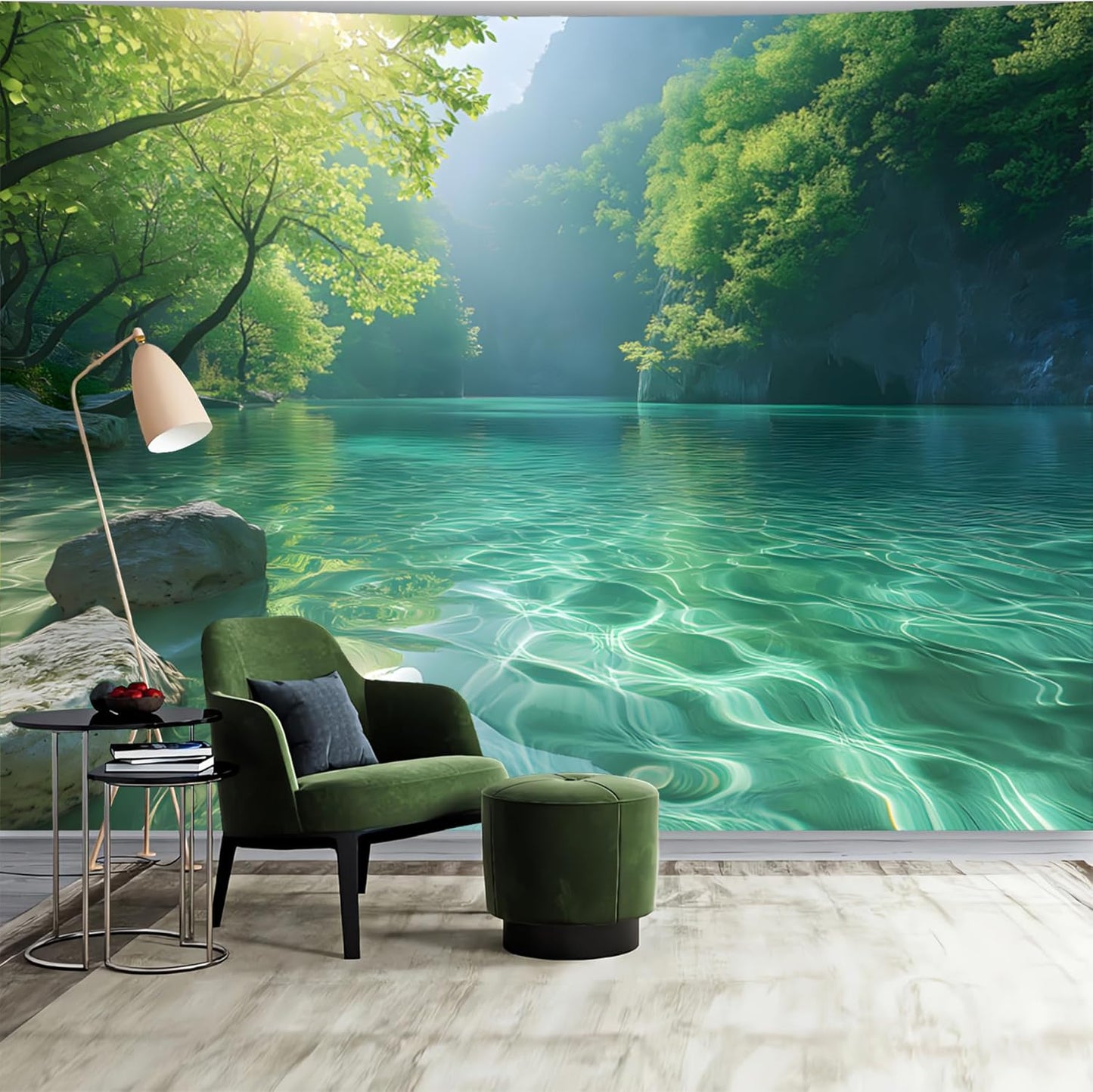 BSFHH Nature Tapestry Forest Tree Sea Cave Wall Hanging, Stream Through Rainforest Landscape Wall Art Tapestry for Bedroom Living room (Lake View, 110" × 87", Unframed)