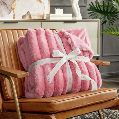 Cozy Bliss Faux Fur Throw Blanket for Couch, Cozy Warm Plush Striped Blanket for Sofa Bedroom Living Room,50 * 60 Inches Hot Pink