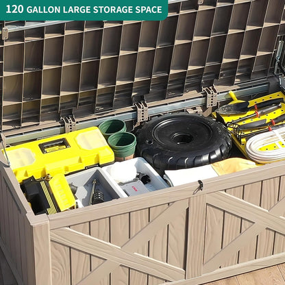 YITAHOME 120 Gallon Large Outdoor Storage Box with X-Shaped Front, Waterproof Resin Deck Box Cushion Storage Bench for Patio, Pool Supplies, Garden Tools- Lockable, Taupe