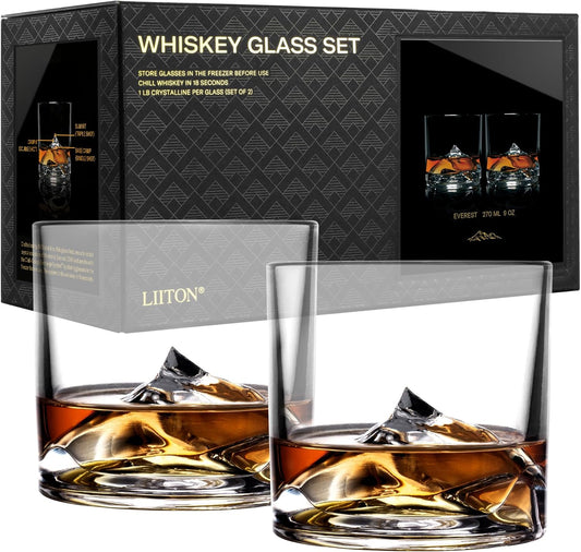 Mount Everest Heavy Crystal Whiskey Glasses Gift Set of 2, Thick Freezable Bourbon Glass 1lb Each