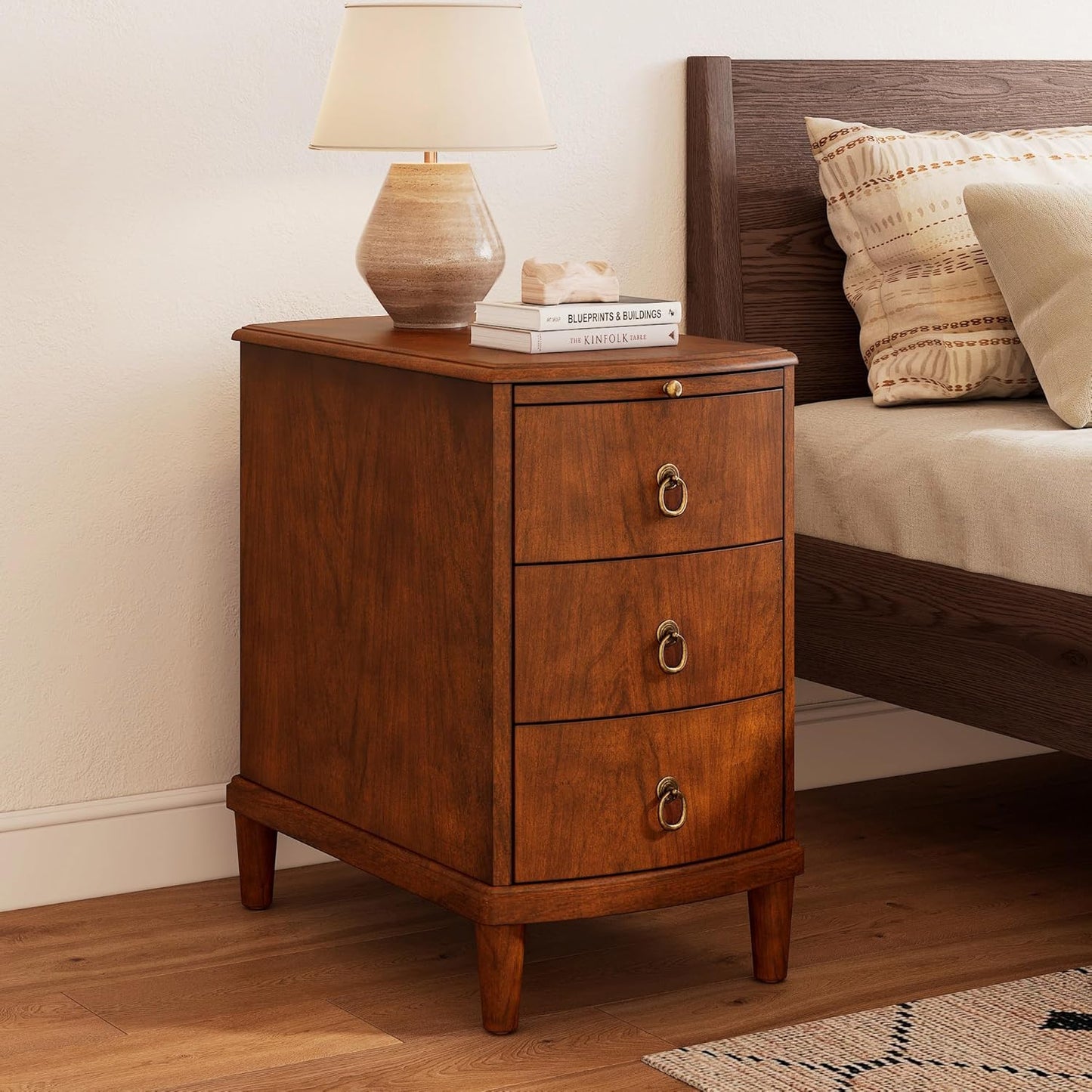 PADMA HOUSE Solid Wood End Table with 3 Drawers, Fully Assembled Nightstand with Sliding Shelf, Pre-Assembled Vintage Wooden Beside Table in Cherry Brown for Small Space,13.4 * 22.4 * 22.6in