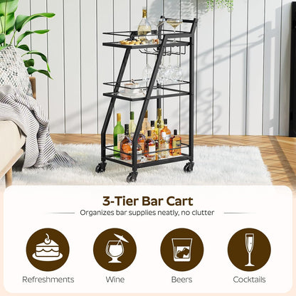 Bar Cart, 3-Tier Bar Cart for The Home, Home Bar Serving Cart with Glass Holders, Beverage Cart for Kitchen, Dining, Party Room, Black BC03BK