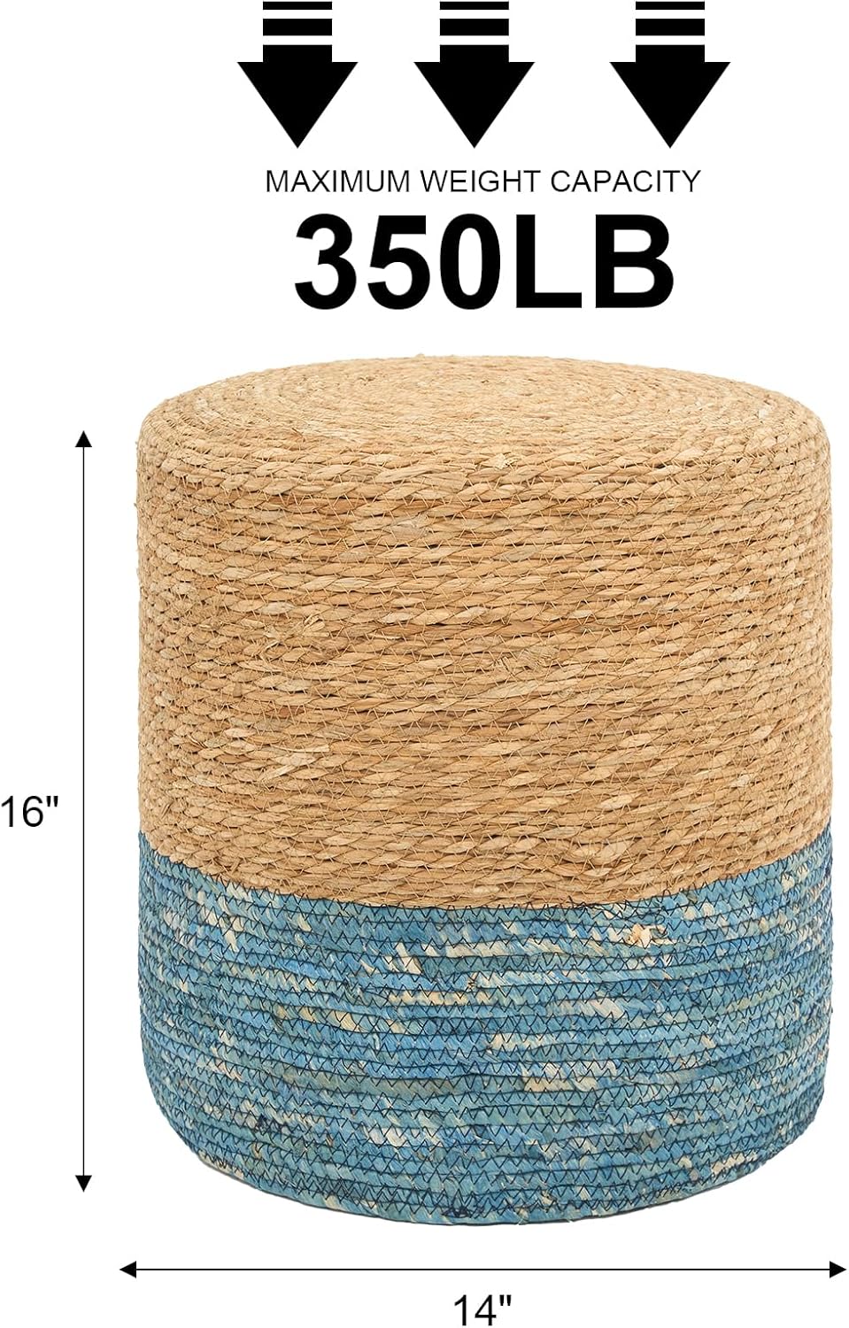 16'' Round Ottoman Natural Seagrass Braided Poof Hand Weaving Round Ottomans Boho Footrest Stool for Home Living Room Bedroom Patio(Natural&Blue)