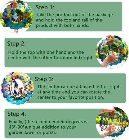 Gnomes Hanging Wind Spinners,12 Inch 3D Garden Spinner Kinetic Art Garden Decorations，Stainless Steel Reflective Wind Spinners for Yard