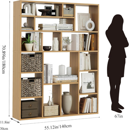 BLANKSPACE 71 Inch Tall Wooden Bookcase, 6-Tier Heavy Duty Storage Shelf with Foldable Storage Baskets - Freestanding Open Shelves for Living Room, Bedroom, Yuzu Oak
