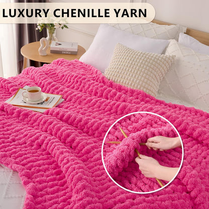L'AGRATY Chunky Knit Blanket Throw: 50''x60'' Chenille Chunky Knitted Throw Blanket for Bed Couch - Handmade Thick Big Cable Knit Blankets - Large Crochet Rope Blanket for Home Decor(Hot Pink)