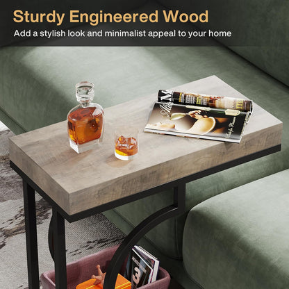 Tribesigns Narrow Side Table C Shaped End Table Modern Bedside Tables for Couch, Small Sofa Chairside Tables with Metal Frame for Living Room (1, Gray+Black)