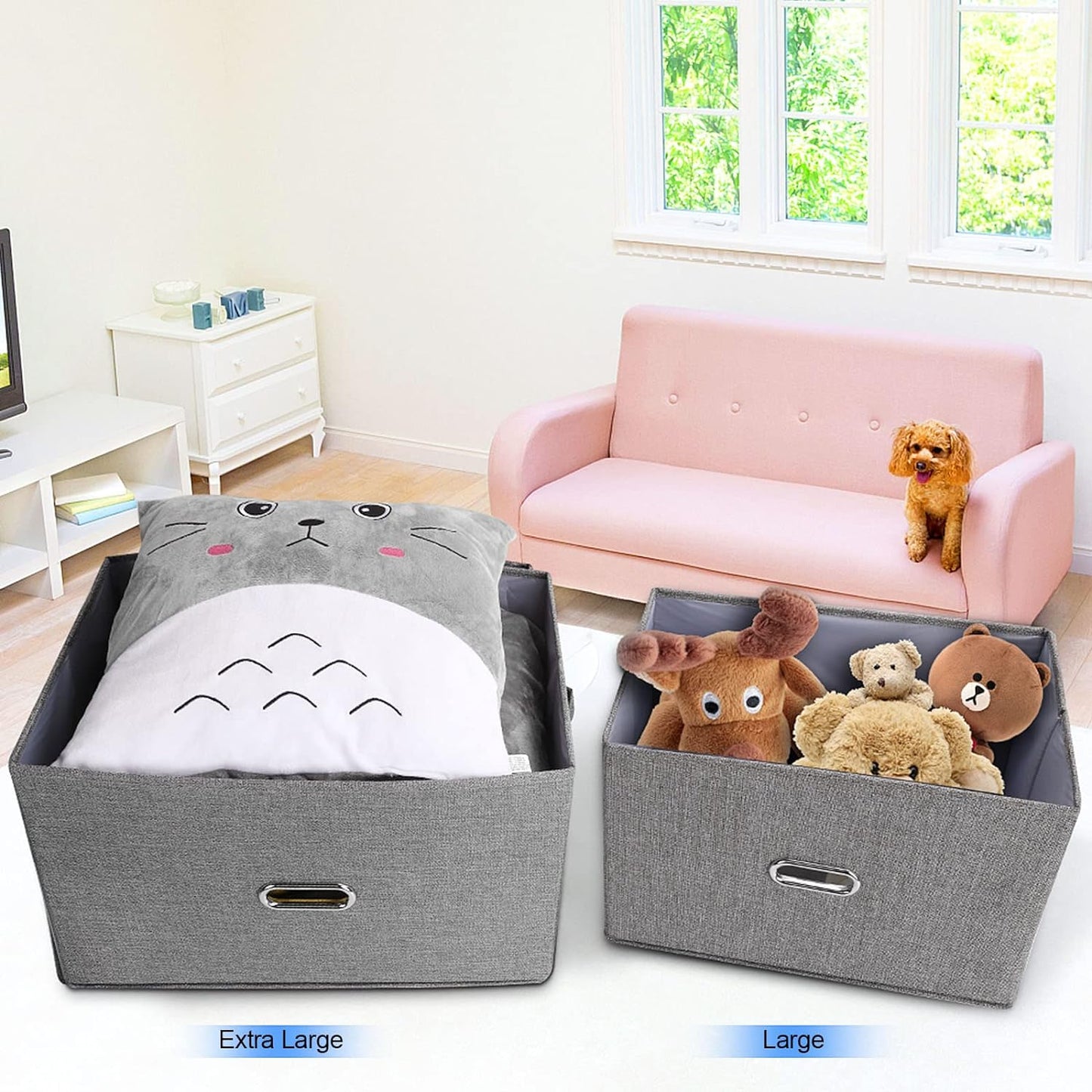 Large Linen Fabric Foldable Storage Bins with Removable Lid and Handles, Washable Storage Box Organizer Containers Baskets Cube with Cover for Bedroom,Office (Khaki, Extra Large(2-Pack))