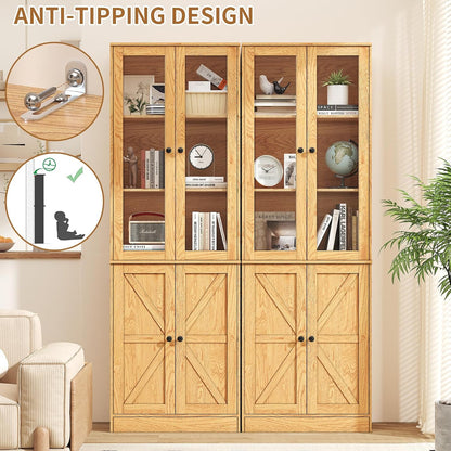 71" Tall Bookcases Set of 2, Bookshelves with Doors, 5-Shelf Bookcase with Storage, Wooden Bookshelf Floor Standing Display Storage Shelves Home Decor Furniture for Living Room,Bedroom,Natural