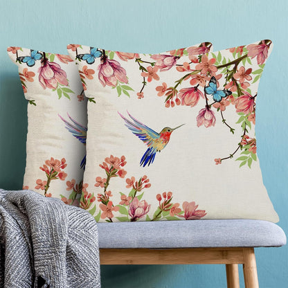 Hummingbird Flower Pillow Covers 20 x 20 Inch Set of 2 for Watercolor Floral and Birds Spring Blooming Decor Throw Pillows Nature Plant Outdoor Decorative Cushion Cases for Couch Bed Decoration