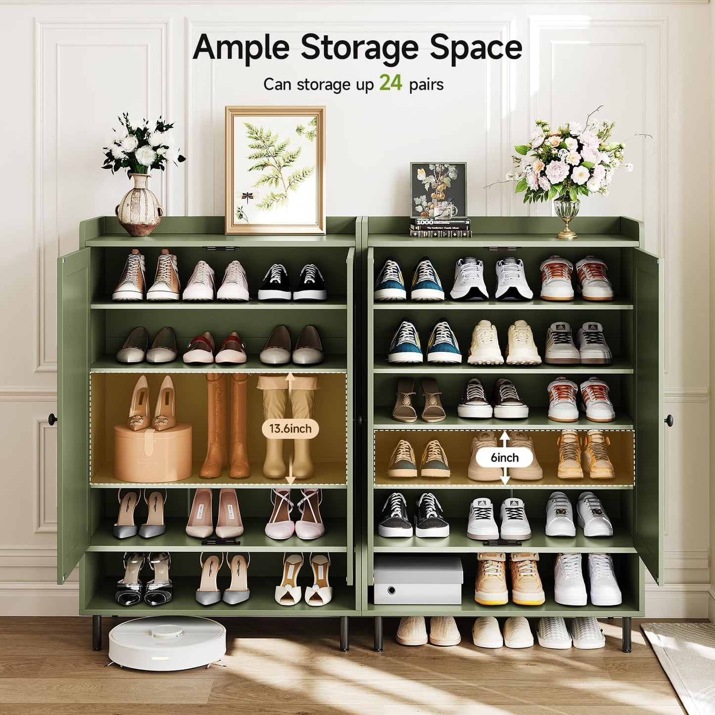 ComfyCorner Shoe Cabinet with Cross Molding Doors, 6-Tier Storage, Green