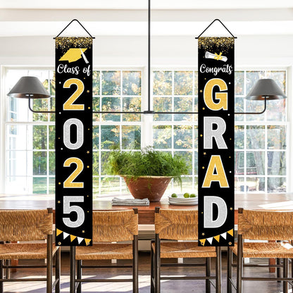 Graduation Decorations 2025 GRAD Banner Black Porch Door Sign Welcome Banner For Indoor Outdoor Wall Graduation Decorations Class of 2025
