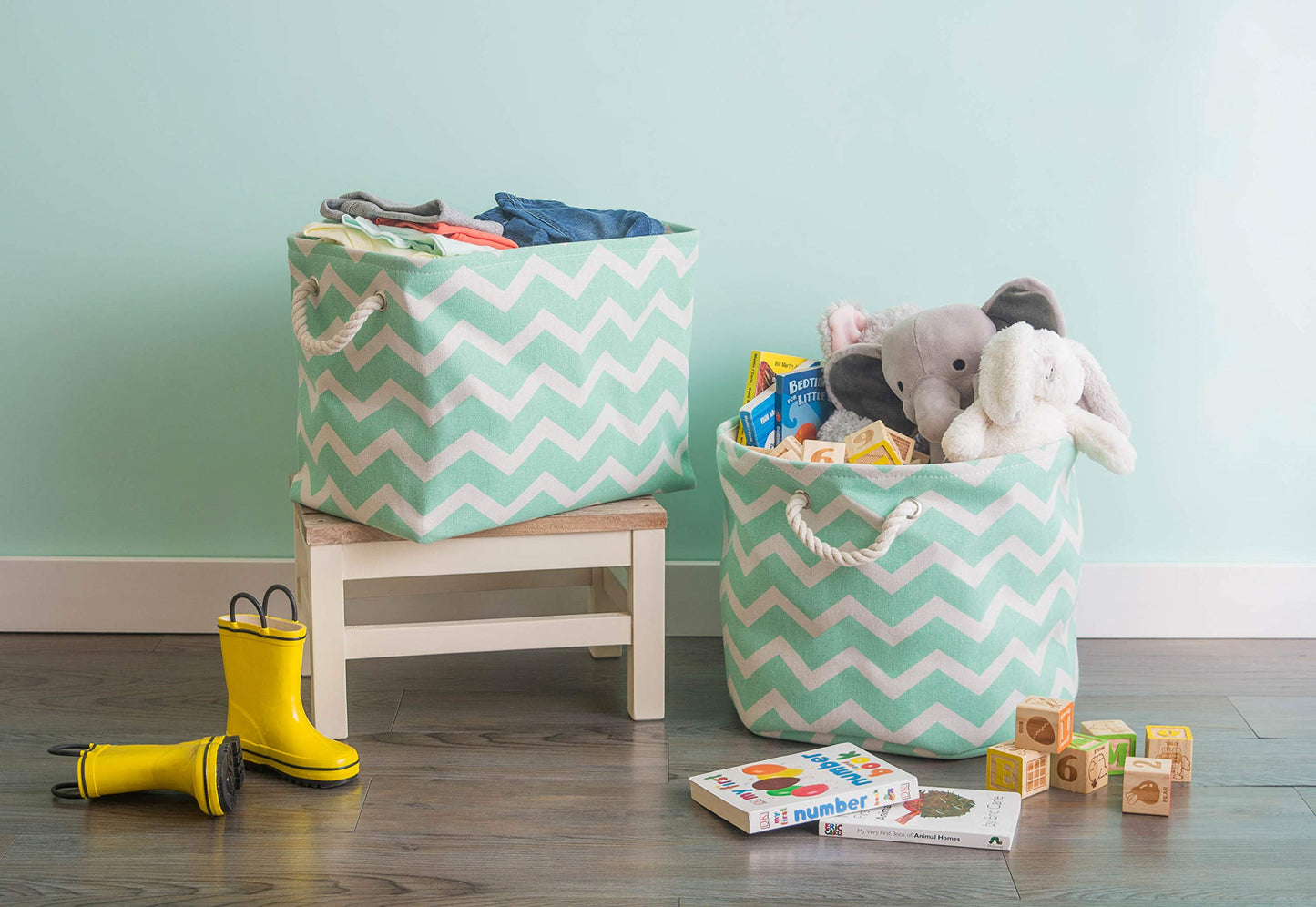 DII Polyester Container with Handles, Chevron Storage Bin, Large, Aqua