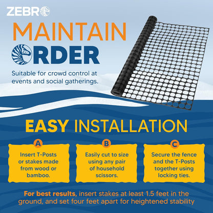 ZEBRO 4' x 50' Black Plastic Garden Fence Roll – Light Duty Mesh Fencing for Temporary Fence, Snow, Garden Netting, Animal Barrier, Agricultural Fencing & Lawn Protection