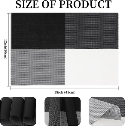 Vinyl Plastic Placemats Set of 6 Washable Heat Resistant Non-Slip Elegant Indoor Outdoor Kitchen Dining PVC Woven Table Place Mats (Black White Lattice Block)