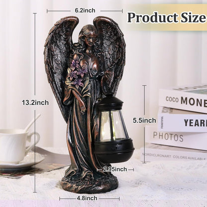 Solar Angel Outdoor Garden Decor Statues – 13.2 inches Solar Outdoor Sculptures for Outside Yard Art Patio Balcony Front Lawn Ornaments Gifts for Mom Grandma Women（Bronze）