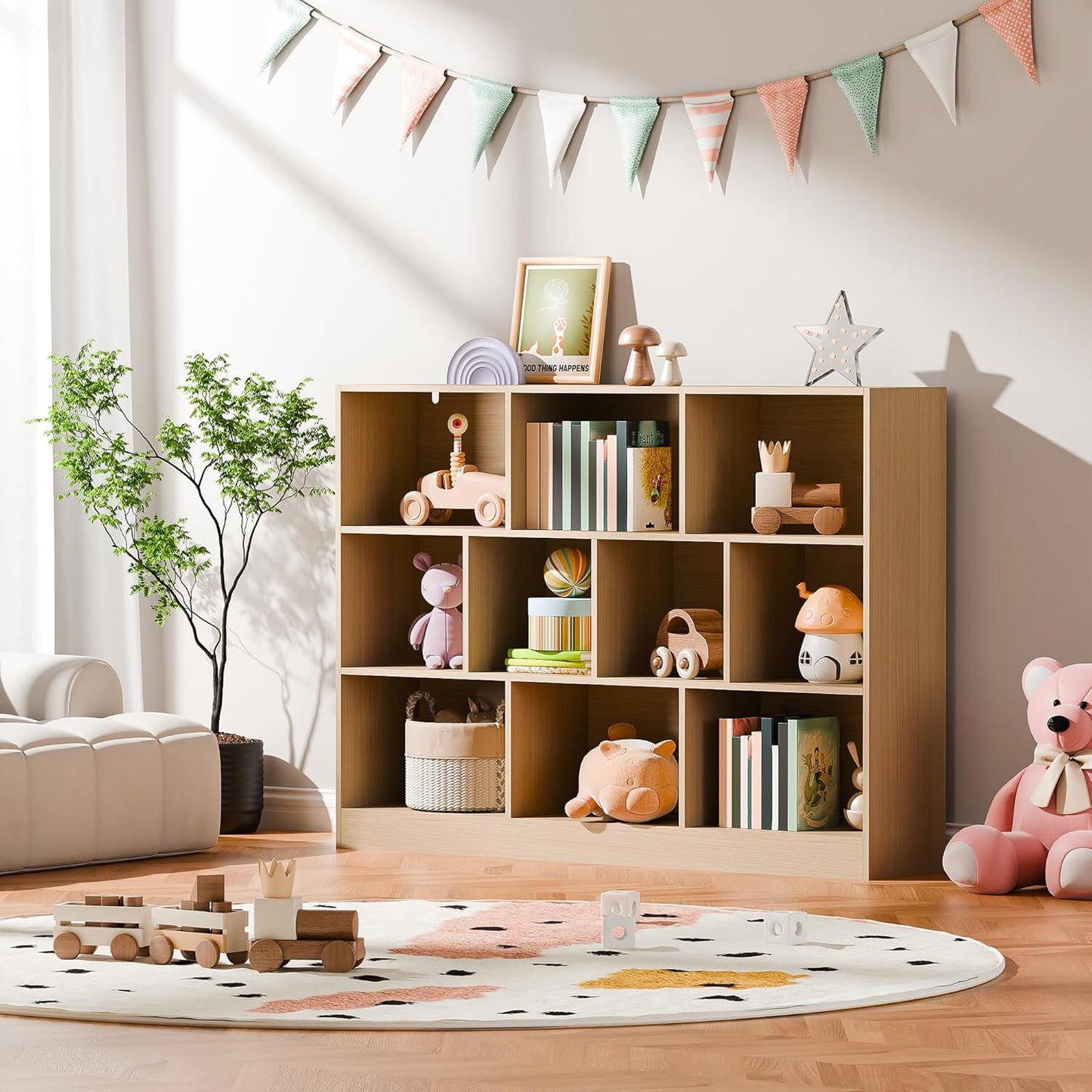 Cozy Castle Oak Bookshelf, 3-Tier Open Shelf Bookcase, 10 Cube Storage Organizer with Anti-Tilt Device for Bedroom, Living Room, 55.11" W x 11.61“D x 40.94“H