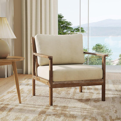 Giantex Mid Century Modern Accent Chair, Wooden Arm Chair w/Solid Wood Frame, Removable Seat Cushion & Pillow, Vintage Comfy Reading Chair for Living Room, Bedroom, Study