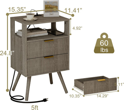 Nightstand with Charging Station and LED Lights,Modern Bedside Table with 2 Storage Drawer and Open Wood Shelf, for Bedroom and Small Spaces,Night Stand with Solid Wood Legs,GreyOak