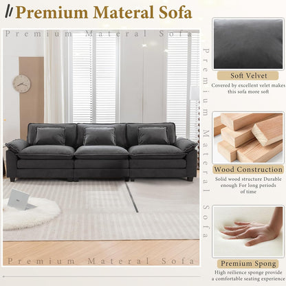 URRED Modular Sectional Sofa Comfy Cloud Couch, Modern Velvet Sofa Sleeper Deep Seat Couches with Ottoman/Pillows for Living Room (Dark Gray, 117'')