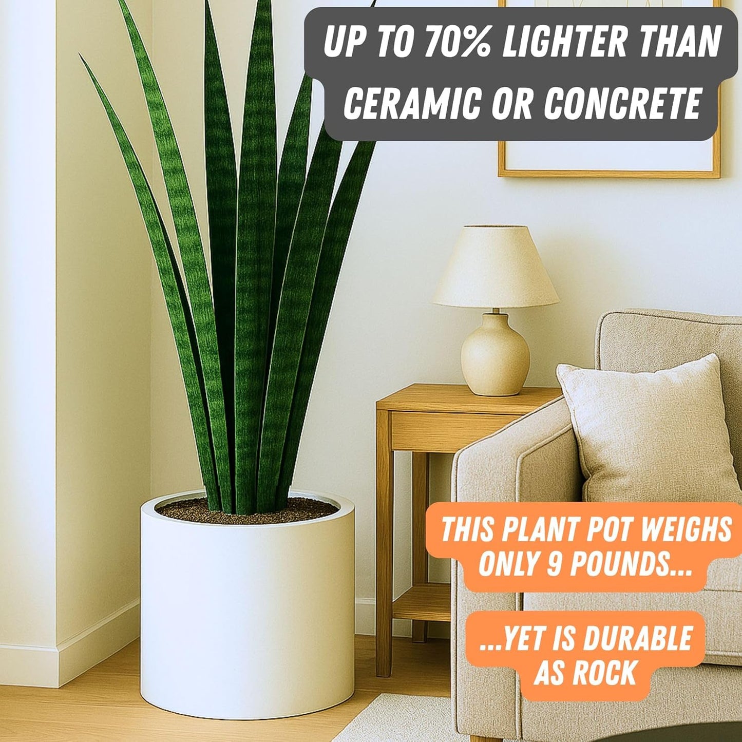 Fox & Fern 14.6 Inch Extra Large Planter — Premium Lightweight Fiberstone Matte White Plant Pot with Drainage Plug; Big Planter for Indoor & Outdoor Use; Weather Resistant & UV Resistant