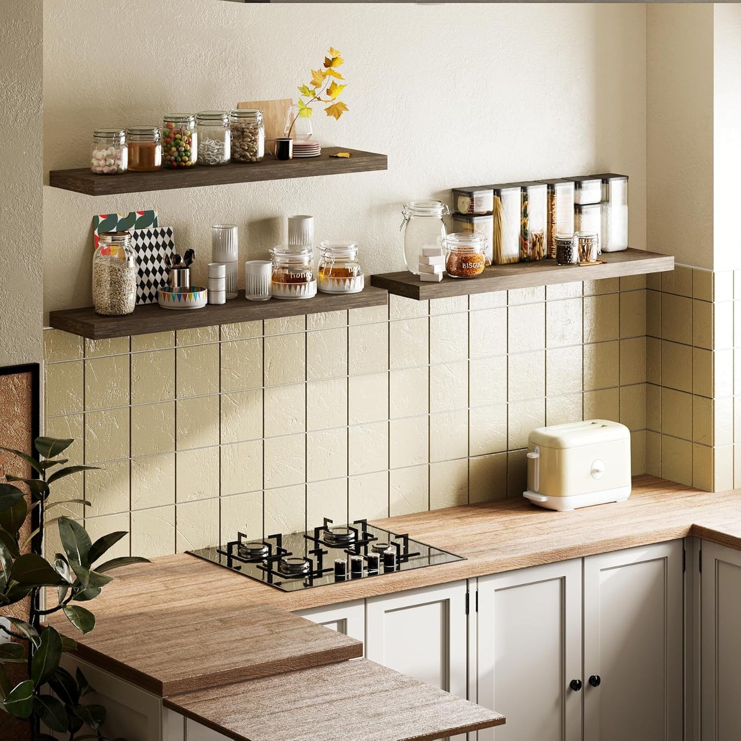 BAMEOS Floating Shelves, Wall Mounted Wooden Shelves with Invisible Brackets Set of 3, Hanging Wall Shelves Decoration for Bedroom, Bathroom, Living Room and Kitchen