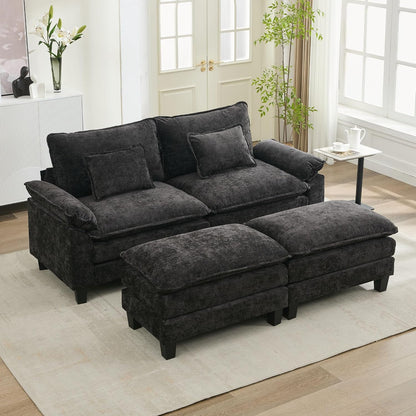 URRED Modular Sectional Sofa Comfy Cloud Couch, Modern Chenille Sofa Sleeper Deep Seat Couches with Ottoman/Pillows for Living Room (Black, 82.6''- 2 Ottomans)