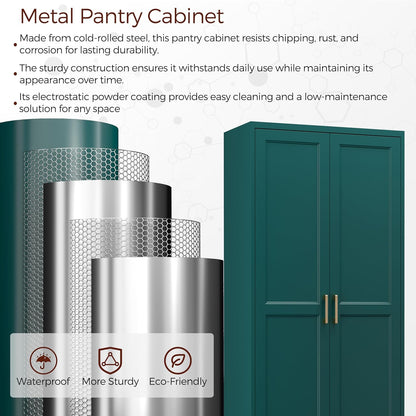71" Metal Pantry Cabinet, Tall Kitchen Pantry Storage Cabinet with 4 Adjustable Shelves and Gold Handles, Green Cupboard for Kitchen, Dining Room, Living Room