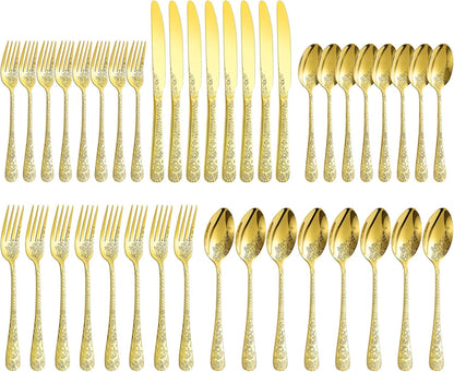 Floral 40 Pcs Gold Silverware Set for 8, Food Grade Stainless Steel Flatware Set with Rose Flower Embossed Design, Eating Utensils Sets Include Fork/Knife/Spoon, Reusable Cutlery Set, Dishwasher Safe