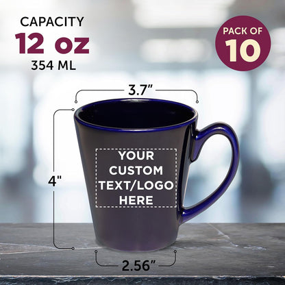 DISCOUNT PROMOS Custom Glossy Ceramic Latte Coffee Mug 12 oz. Set of 10, Personalized Bulk Pack - Perfect for Tea, Espresso, Cappuccino, Hot Cocoa - Blue