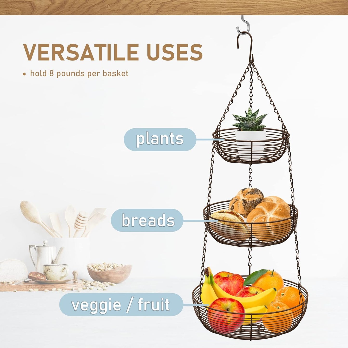 CAXXA 3-Tier Hanging Basket Fruit Organizer Kitchen Heavy Duty Wire Organizer with 2 Free Bonus Metal Ceiling Hooks(Bronze)