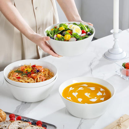MALACASA Large Salad & Soup Bowls - Set of 4, 60 OZ Porcelain White Bowls for Ramen, Pasta, Pho - Microwave & Dishwasher Safe