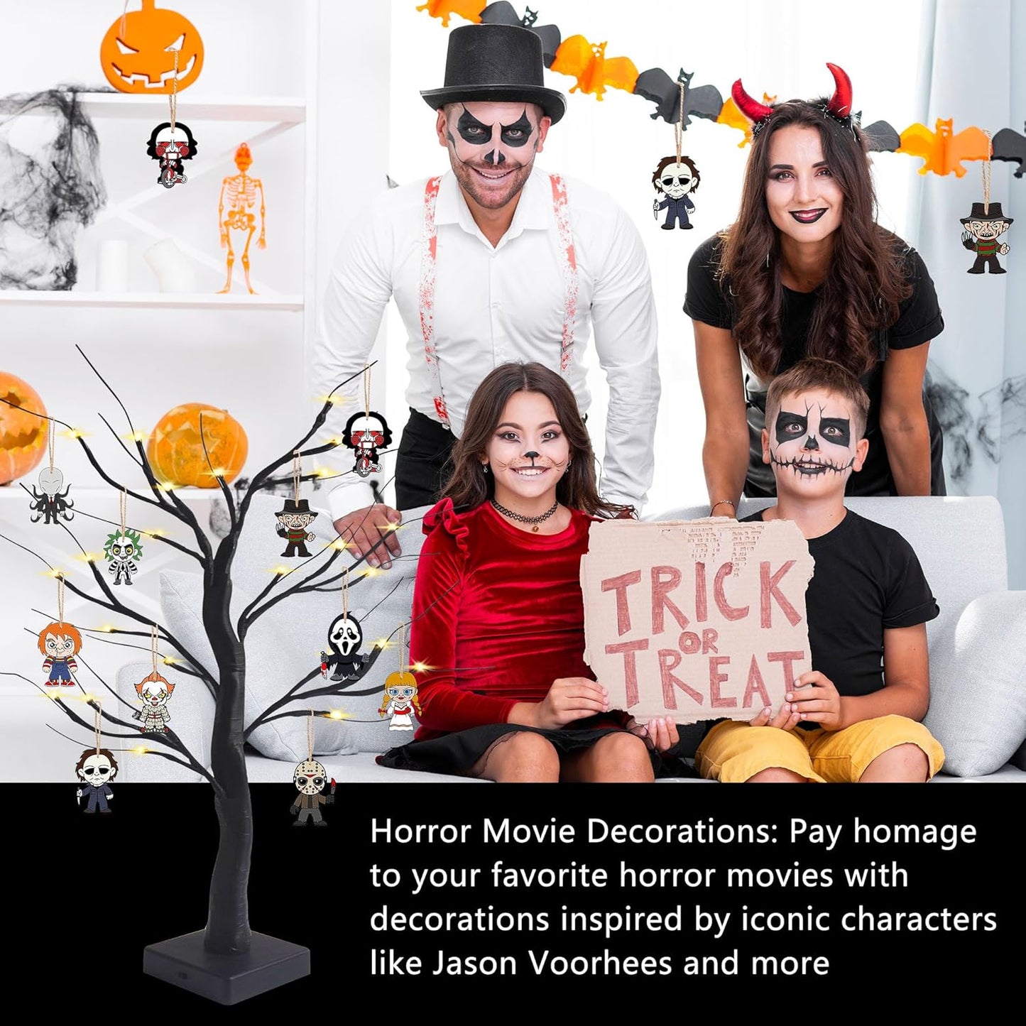 Black Halloween Tree with LED Lights and Spooky Wooden Hanging Ornaments Horror Movie Ornaments, Light Up Halloween Decor