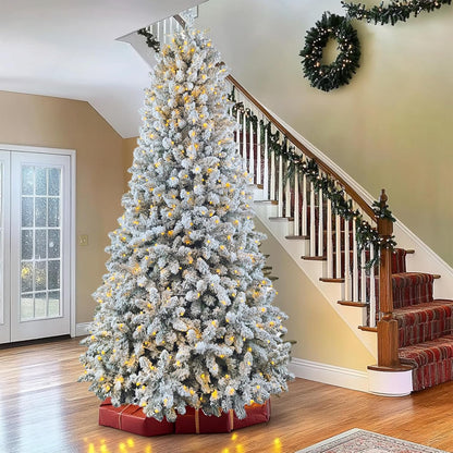 7.5ft Pre-lit Artificial Snow Flocked Christmas Tree with Quick Power Connect, 798 Warm White & Multi-Color LED Lights, and 1869 Branch Tips – Easy 3-Minute Setup Pencil Xmas Tree