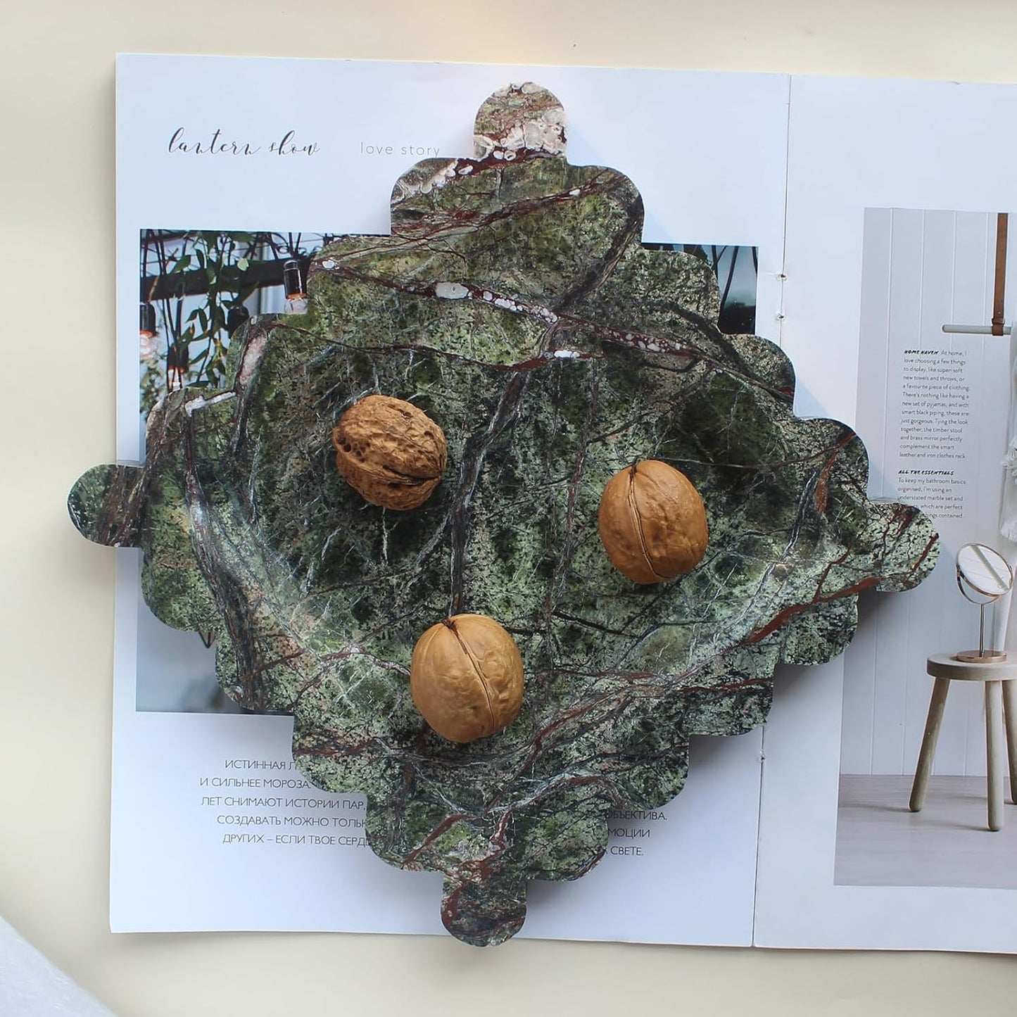 Natural Luxury Marble Tray with Scalloped Edge, Handmade Square Decorative Tray, Catch All Tray for Counter, Dresser, Nightstand and Home Décor (Rain Forest Green)