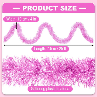 25 Feet Metallic Twist Tinsel Garland - Wall Hanging Backdrop for Parade Floats, Christmas Eve, New Year, Valentine's Day Parties (Macaron Pink, 4in x 25ft)